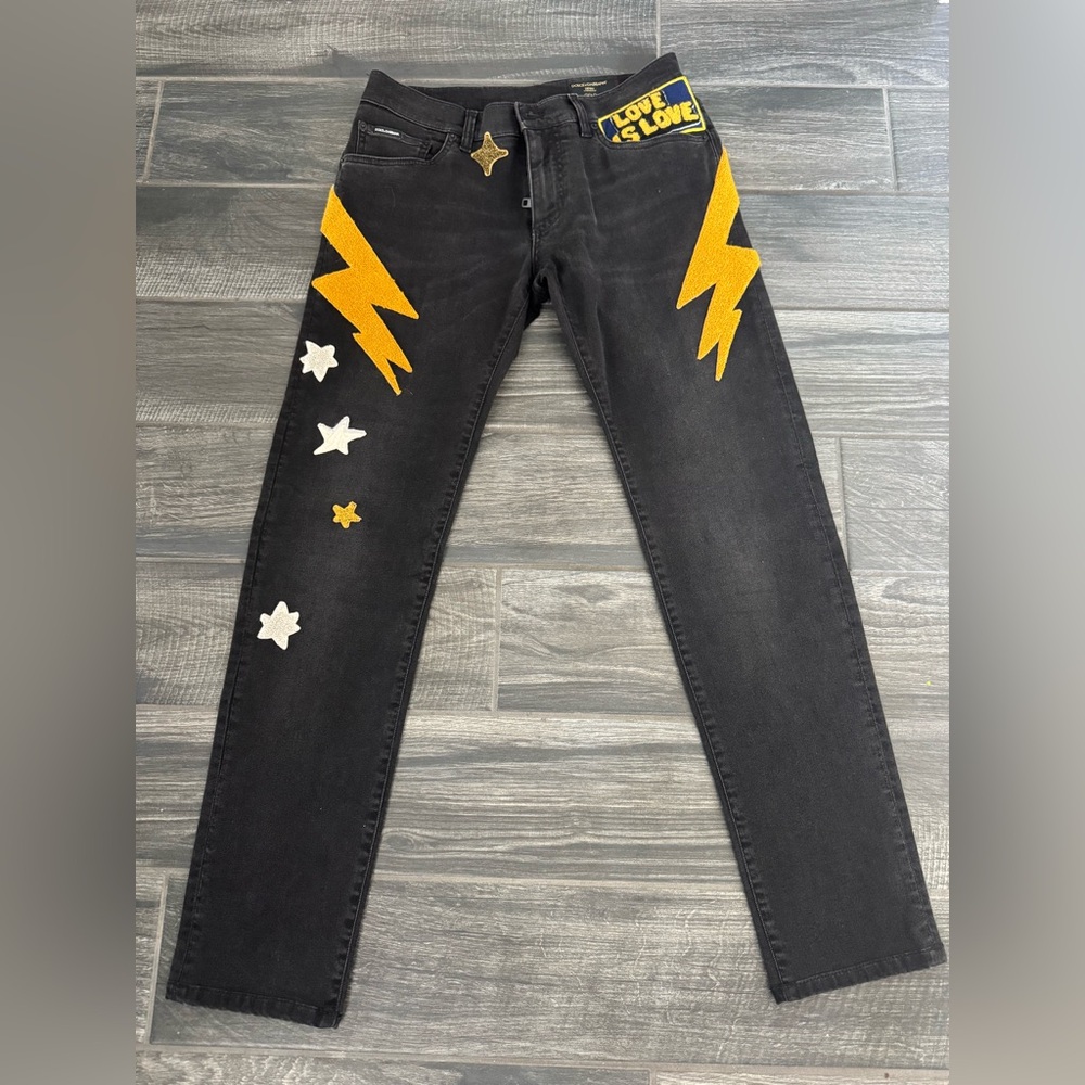 Dolce & Gabbana Black Jeans with Yellow and White Details